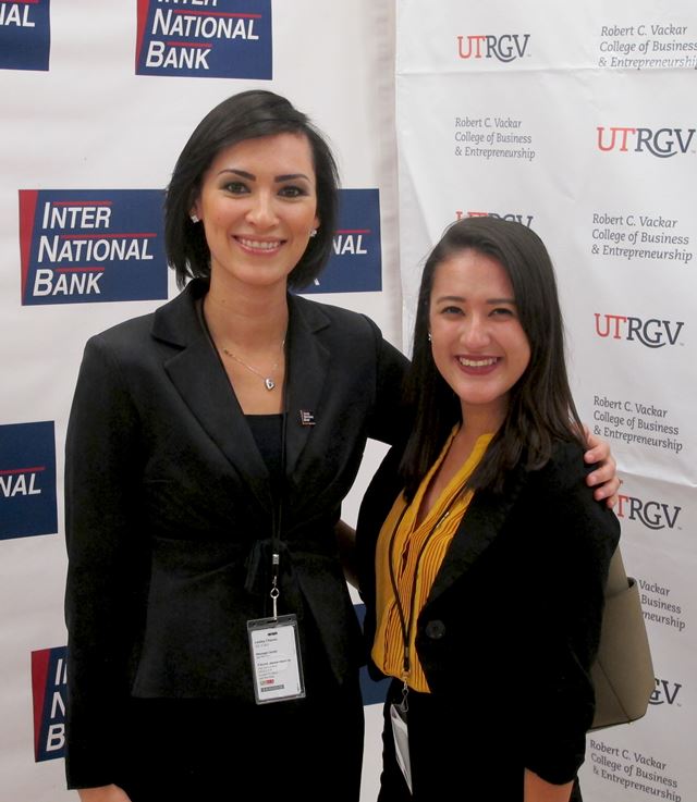 Lesley Chavez, Inter National Bank director of research and development, and Josie Balderrama, a UTRGV junior from Laredo