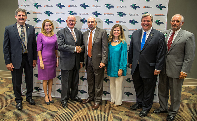 The University of Texas Rio Grande Valley on Friday morning, Feb. 3, 2017, announced a $15 million gift to the School of Medicine from The Valley Baptist Legacy Foundation that will help establish the UTRGV Institute for Neurosciences. Shown from left, Dr. Steven Lieberman, UTRGV School of Medicine interim dean; Dr. Kelly Cronin, UTRGV vice president of Institutional Advancement; Randall Baker, executive director of the Valley Baptist Legacy Foundation; UTRGV President Guy Bailey; Judy Quisenberry, grants director, Valley Baptist Legacy Foundation; Harlingen Mayor Chris Boswell; and Manuel Vela, CEO of Valley Baptist Medical Center-Harlingen. (UTRGV Photo by David Pike)