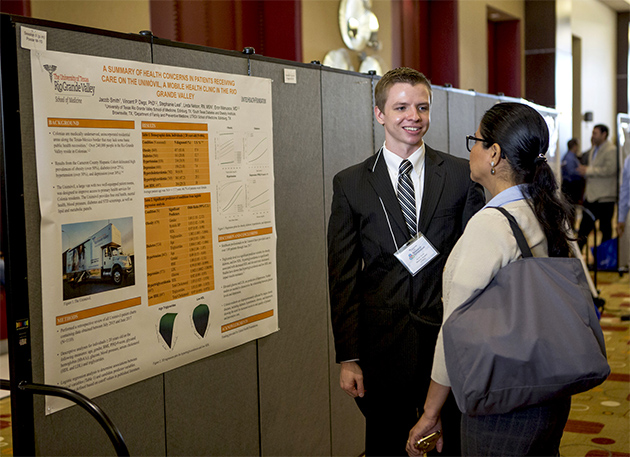 Jacob Smith, a second-year student in The UTRGV School of Medicine, presented a research poster at the UTRGV-DHR Inaugural Research Symposium, held Saturday, Aug. 12, 2017, at the Edinburg Conference Center at DHR. His research addresses the health concerns in patients receiving care on Unimovil, the School of Medicine’s mobile health clinic, in Lower Rio Grande Valley colonias. (UTRGV Photo by Silver Salas)