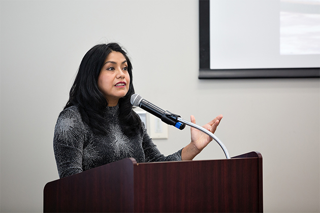 Dr. Teresa Feria Arroyo, UTRGV associate professor of biology, discusses the results of monitoring program of Zika-carrying mosquitoes she and her students conducted earlier this year during a binational conference held Wednesday at the university’s Education Complex Borderlands Room in Edinburg. The binational meeting on the surveillance and control of vector-borne diseases included officials from UTRGV, the Centers for Disease Control and Prevention (CDC), and The National Center of Preventive Programs and Diseases Control (CENAPRECE). (UTRGV Photo by Paul Chouy)