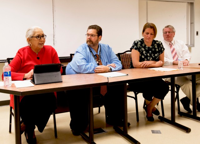 Panelists for the UTRGV discussion on sexual harassment were (from left) Dr. Juliet V. Garcia, professor of communication and former president of UTB-TSC; Douglas Stoves, associate dean for Student Rights and Responsibilities; Camilla Montoya, psychology lecturer; and Dr. James Whittenberg, assistant professor of counseling. The event was Thursday, Nov. 30, 2017 on the Brownsville Campus.