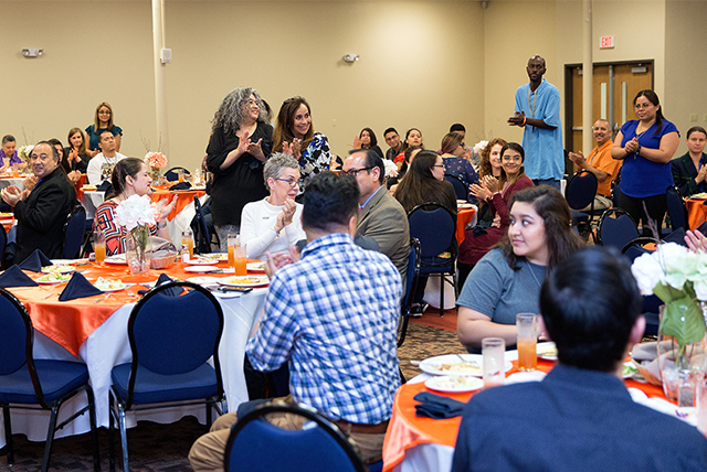 UTRGV recently named two Student Employees of the Year and two Supervisors of the Year, in recognition of National Student Employment Appreciation Week, held April 9-13. Here, UTRGV supervisors nominated stand to be recognized at the awards luncheon, held April 12 at the Community Engagement and Student Success (CESS) building in Edinburg. (UTRGV Photo by Paul Chouy)