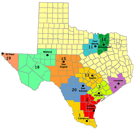 Texas Education Agency Regional Map showing 20 Education Service Centers (ESCs) in Texas