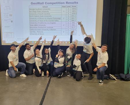 The team points at the Finalist List.