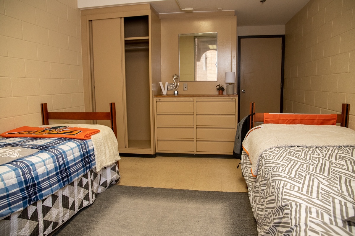 UTRGV Department of Housing and Residence Life dorm room interiors at Heritage Hall in Edinburg, Texas.