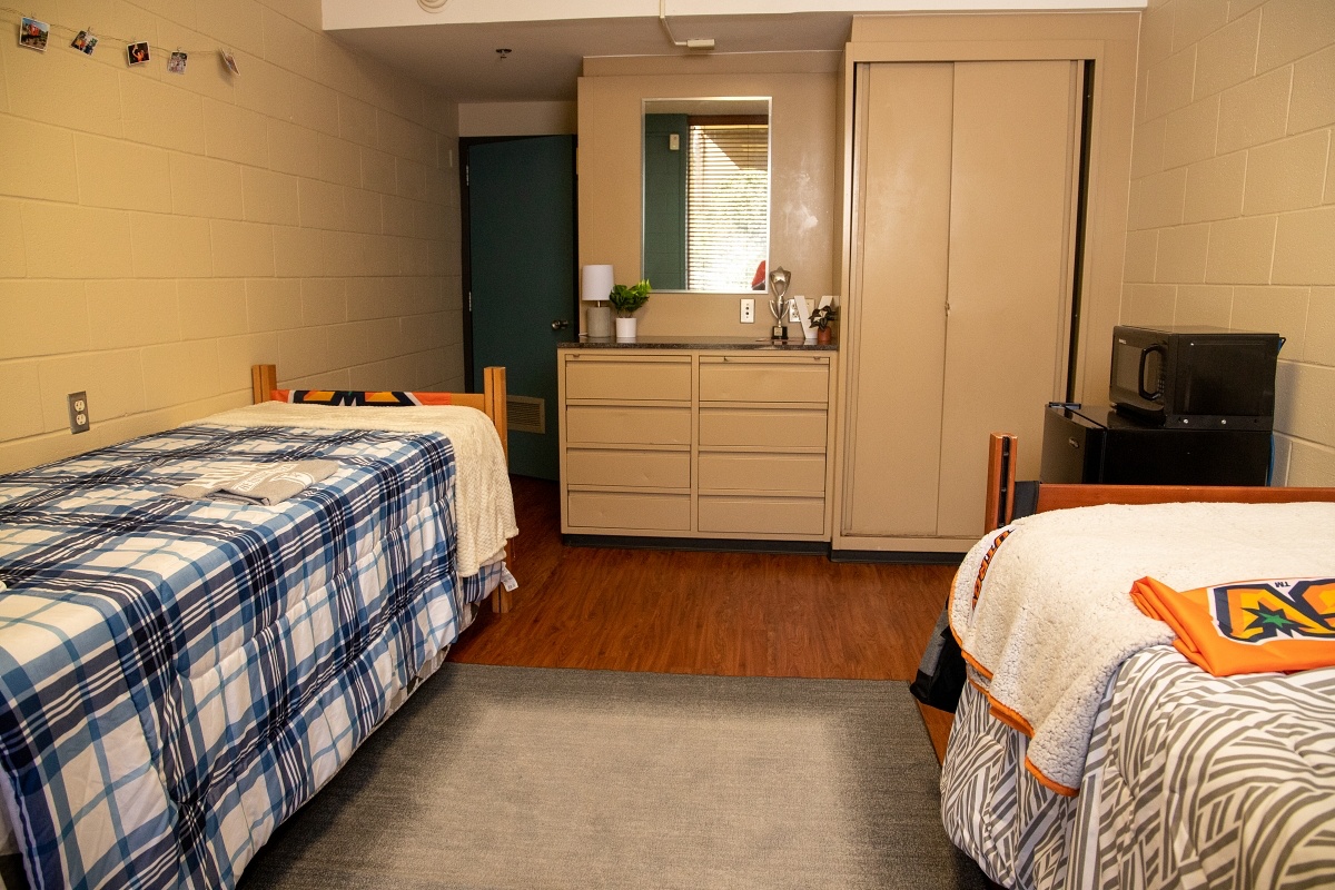 UTRGV Department of Housing and Residence Life dorm room interiors at Troxel Hall in Edinburg, Texas.