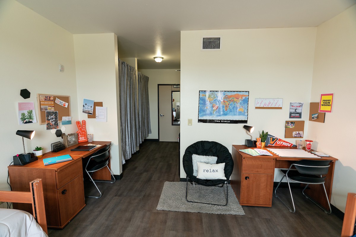 UTRGV Department of Housing and Residence Life dorm room interiors at Unity Hall in Edinburg, Texas.