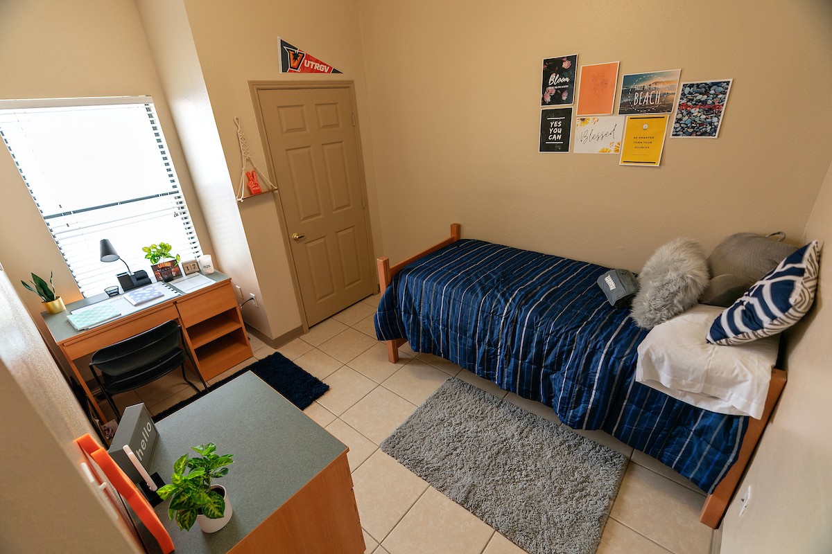 UTRGV Department of Housing and Residence Life dorm room interiors at The Village in Edinburg, Texas.