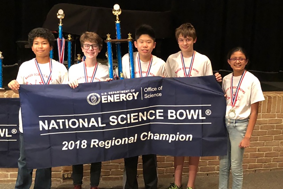 Marvin Baker Middle School won the middle school division at the UTRGV Regional Science Bowl, held Feb. 17 on the Edinburg Campus. From left are Nathan Alanmanou, Abby Fields, Evan Hsiang, Alex Borkowski and Lipika Mallick. (Courtesy Photo by Baker Middle School)