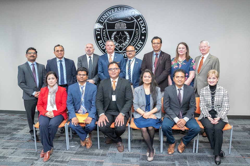 Shown are grant collaborators, bottom row from left: Sheema Khan, Ph.D.; Vivek Kashyap, Ph.D.; Mohammed Sikander, Ph.D.; Neeraj Chauhan, Ph.D.; Nirakar Sahoo, Ph.D.; and Dr. Michelle Le Beau, CPRIT chief scientific officer. Top row from left: Murali M. Yallapu, Ph.D.; Dr. Subhash Chauhan, Ph.D.; UTRGV President Guy Bailey; dean of the UTRGV School of Medicine, Dr. Michael B. Hocker; Manish Tripathi, Ph.D., Bilal Hafeez, Ph.D; Dr. Sarah Williams-Blangero, HEB Distinguished Chair in Diabetes and Genomics and director of the South Texas Diabetes and Obesity Institute at UTRGV; and Wayne Roberts, CPRIT chief executive officer.