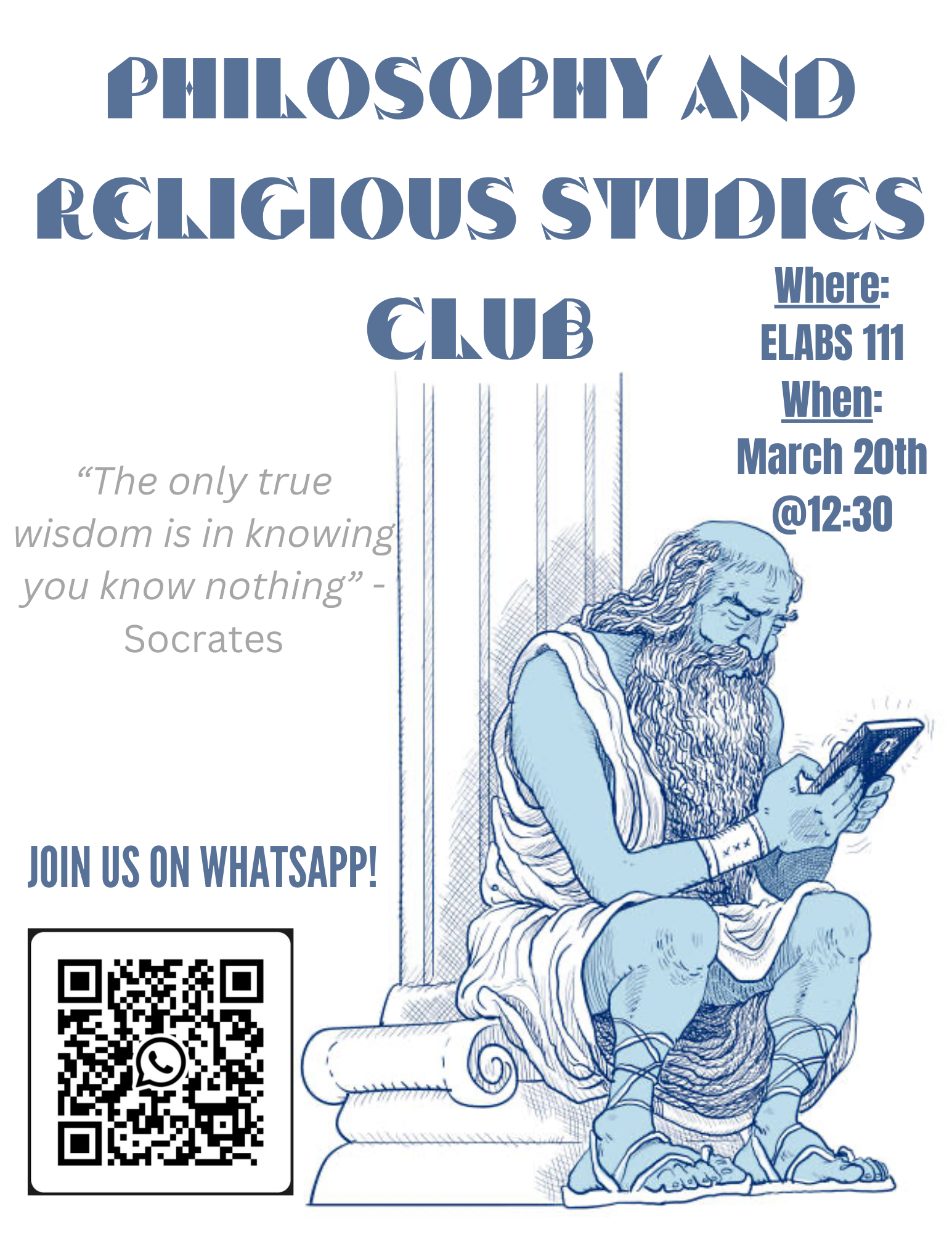The Edinburg Philosophy and Religious Studies Club meets on Wednesday, March 20th, at 12:30 pm! 