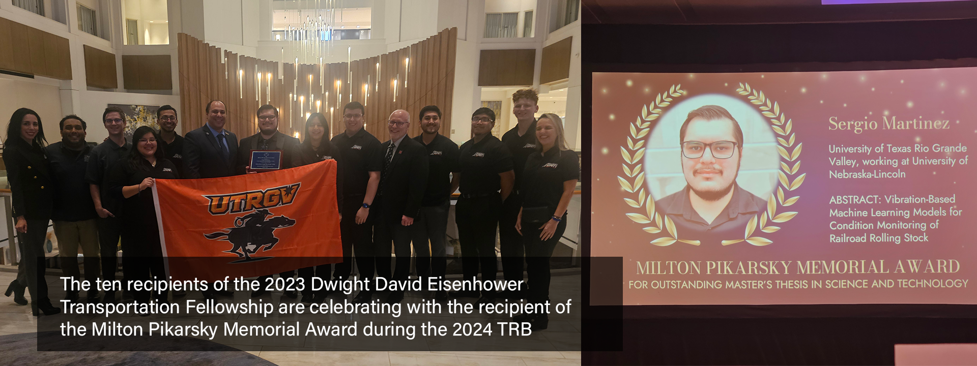 The ten recipients of the 2023 Dwight David Eisenhower Transportation Fellowship are celebrating with the recipient of the Milton Pikarsky Memorial Award during the 2024 TRB