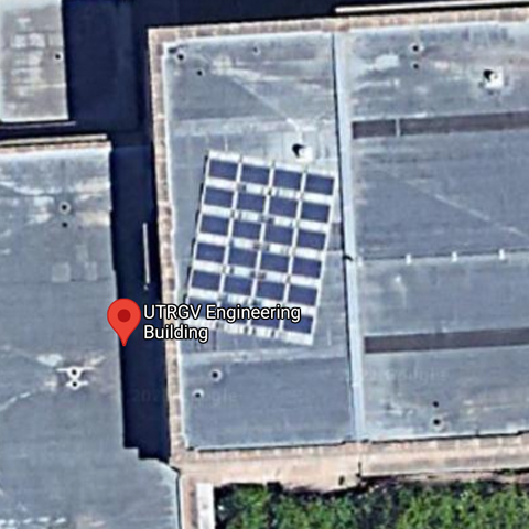 a google maps photo of the rooftop solar arrays on top of UTRGV Edinburgh's Engineering Building