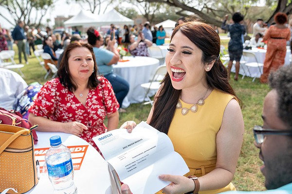 The UTRGV School of Medicine’s Class of 2022 celebrated Match Day on Friday, March 18, with 51 students matching to residency programs across the country. Adriana Saavedra-Simmons, a fourth-year medical student, is all smiles as she opens her letter surrounded by family and loved ones. She matched with the internal medicine program at Massachusetts General-Harvard. (Photo Credit: Paul Chouy)