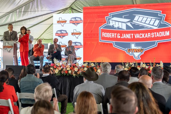 UTRGV announced the naming of the Robert and Janet Vackar Stadium on Thursday, March 21, 2024 in Edinburg, Texas. The naming, which was granted in perpetuity, is in recognition of the Vackars’ unwavering support of the football program when it was only a vision and their longstanding generosity to the university.