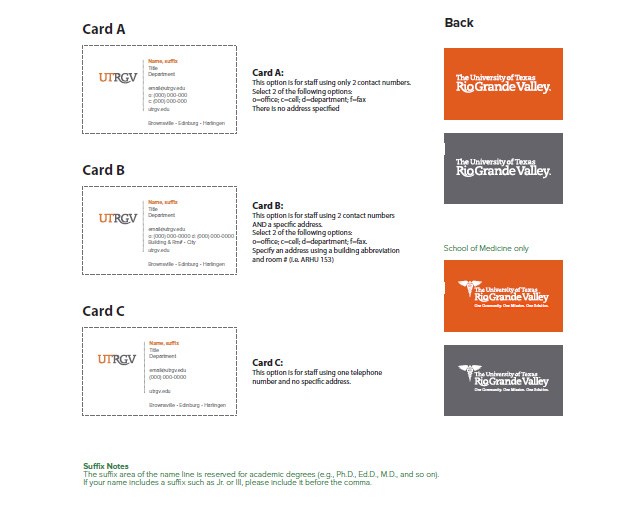 Three different business card design options UTRGV employees may use.