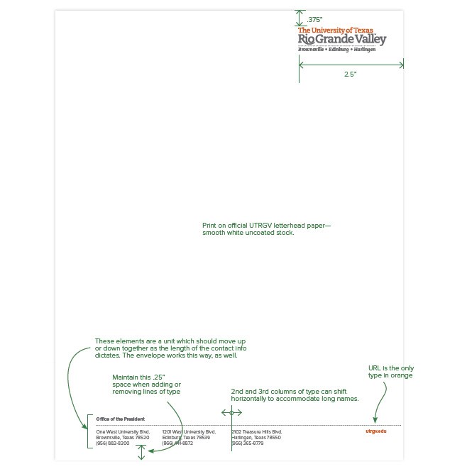 Letterhead and envelope guidelines showing an example of the precise location of each element, font size and style.