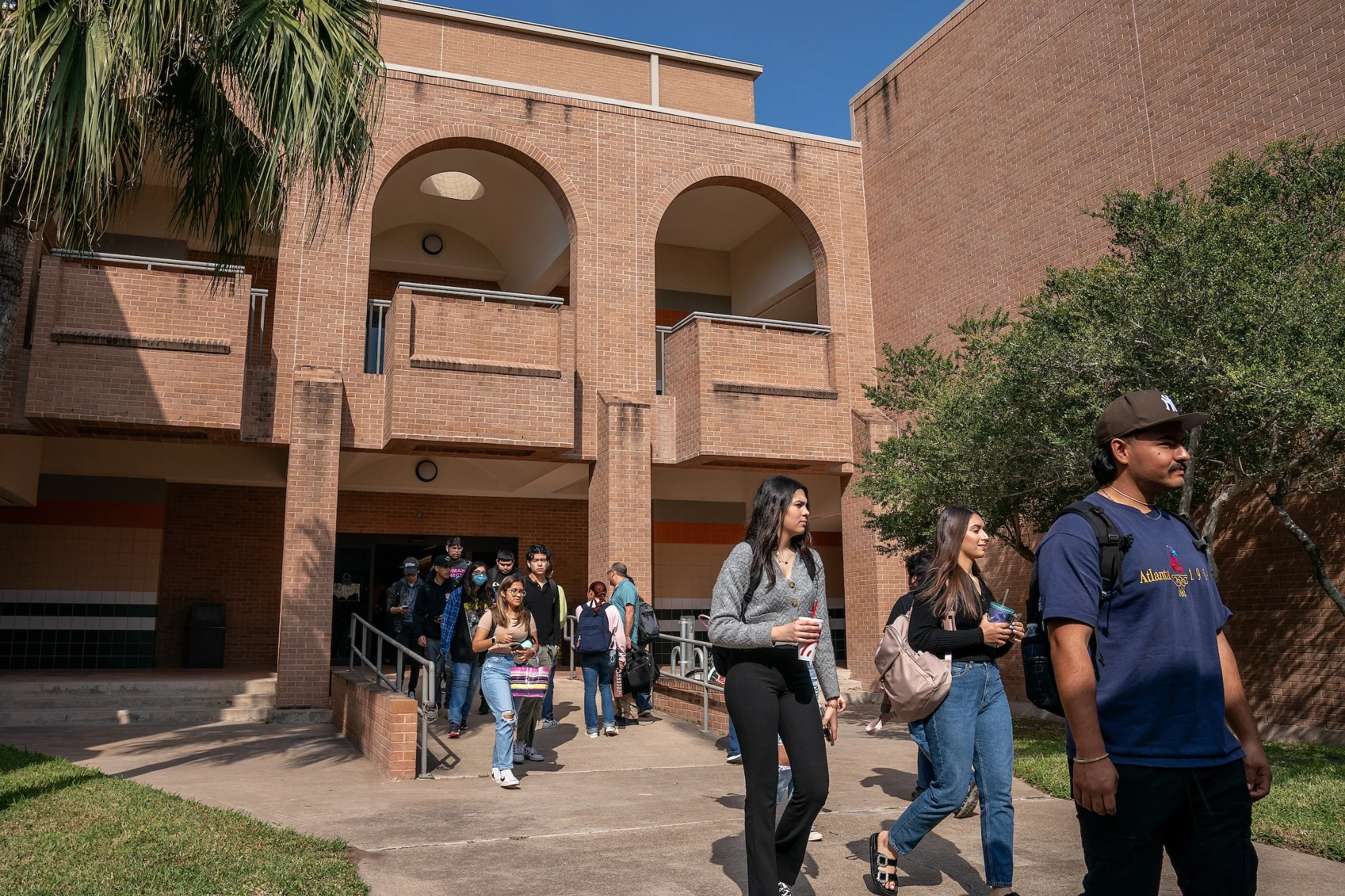 Students walking along a landscaped pathway at the UTRGV Brownsville.