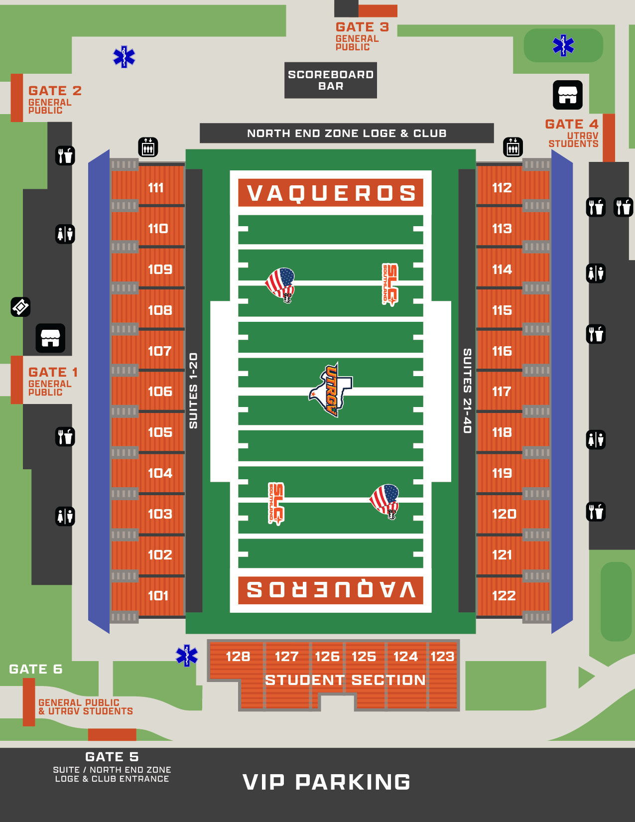 Robert & Janet Vackar Stadium map showing three EMS (emergency medical services) locations: outside the northwest corner of the stadium between Gate 2 and Gate 3, outside the northeast corner of the stadium near Gate 4, and at the southwest corner next to Section 128 of the Student Section, near Gate 6.