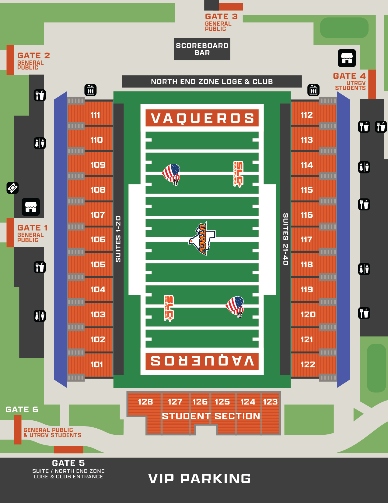 Robert & Janet Vackar Stadium seating chart showing Gates 1 through 6, sideline sections 101 to 122, the Student Section in sections 123 to 128, Suites 1 to 40, the North End Zone Loge and Club, and the Scoreboard Bar. Gates 1, 2 and 3 are general public entrances, Gate 4 is the UTRGV student entrance, Gate 5 is the suite and North End Zone Loge and Club entrance, and Gate 6 is for the general public and UTRGV students.