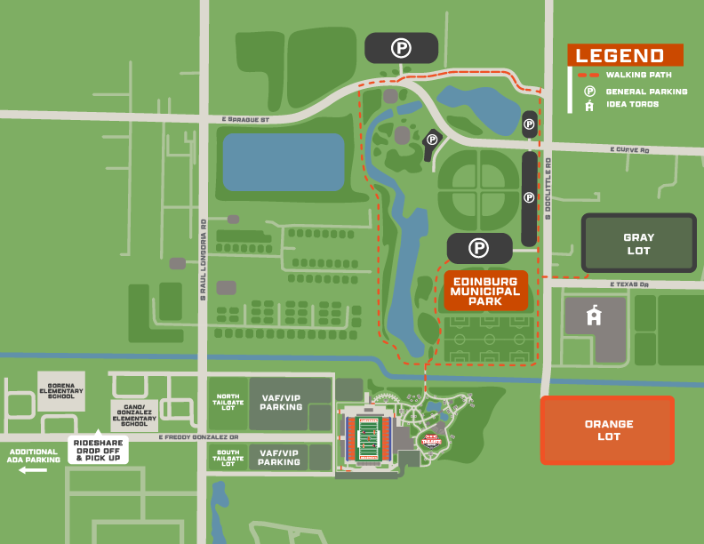 Football game day parking and rideshare map showing the rideshare drop off and pick up location on E Freddy Gonzalez Dr, the Gray Lot and Orange Lot off S Doolittle Rd, free overflow parking at Edinburg Municipal Park with a walking path to the stadium, the North and South Tailgate Lots, VAF/VIP Parking, and additional ADA parking.