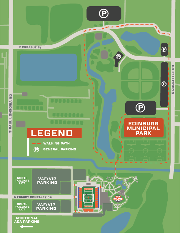 Map of free overflow parking at Edinburg Municipal Park, showing general parking areas off E Sprague St and S Doolittle Rd and the walking path south to Robert & Janet Vackar Stadium