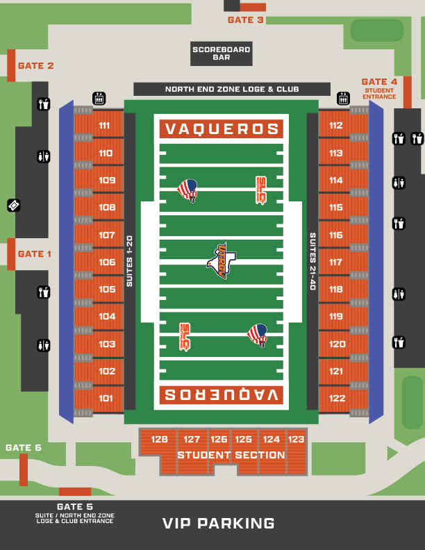 Robert & Janet Vackar Stadium seating chart showing Gates 1 through 6, sideline sections 101 to 122, the Student Section in sections 123 to 128, Suites 1 to 40, the North End Zone Loge and Club, and the Scoreboard Bar. Gate 4 is the student entrance and Gate 5 is the suite and North End Zone Loge and Club entrance.