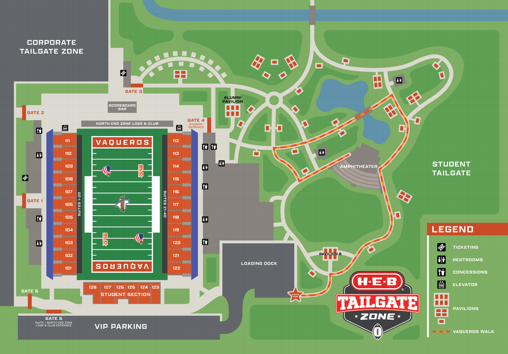 H-E-B Tailgate Zone map showing the Vaqueros Walk route from the start line past Pavilion B and the Amphitheater to the stadium, with the Alumni Pavilion, Student Tailgate area, Corporate Tailgate Zone, tailgate pavilions, and locations for ticketing, restrooms, concessions, and elevators.