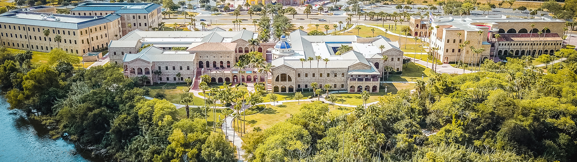 Aerial show of UTRGV Brownsville campus, Science and main building shot