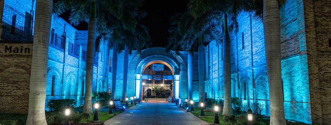 Main entrance to the Brownsville campus at night