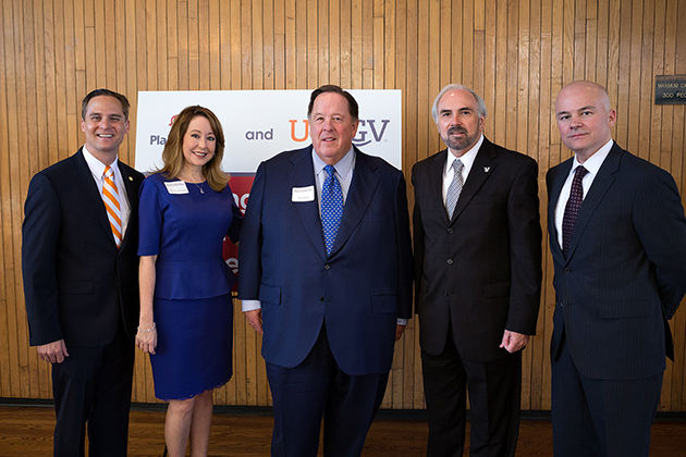 UTRGV on Thursday announced a $1 million gift from PlainsCapital Bank for scholarships. University and community leaders, along with a large contingent of PlainsCapital representatives, gathered at the newly named Plains Capital Bank Theater in the Student Union for the announcement. Shown from left are PlainsCapital Bank Market President Michael Williamson; UTRGV Vice President for Advancement Dr. Kelly Cronin; PlainsCapital Bank Chairman Alan White; UTRGV President Guy Bailey; and PlainsCapital Bank Brownsville Market President Raul Villanueva. (UTRGV photo by Paul Chouy)