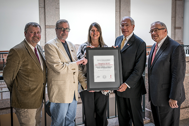 The Texas Historical Commission (THC) recently recognized the Rio Grande Valley Civil War Trail project of UTRGV’s Community Historical Archaeology Project with Schools (CHAPS) Program at The University of Texas Rio Grande Valley with its “Chairman’s Award for Community Education.” Pictured from left at the award ceremony are Dr. Russell Skowronek and Dr. Christopher Miller, both UTRGV history professors and CHAPS Program faculty; Roseann Bacha-Garza, CHAPS program manager; THC Chairman John Nau III; and THC Commissioner John Crain.
