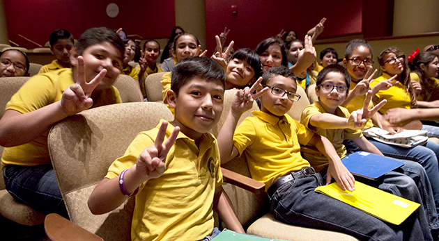 Hundreds of children from elementary schools in Harlingen, San Benito and Brownsville attended the UTRGV Bravo Opera Company’s morning performances of “Hansel and Gretel” at the TSC Arts Center in Brownsville. Special staging of this opera by composer Engelbert Humperdinck was inspired by Día de los Muertos, with Mexican folklore, costumes and traditions woven into the Grimms’ fairy tale of two hungry children who become lost in the woods and must find their way home. (UTRGV Photo by Veronica Gaona)