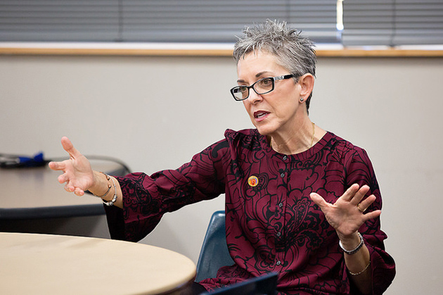 Dr. Patricia McHatton, dean of the UTRGV College of Education and P-16 Integration, led a demonstration of the university’s Mursion virtual reality software, Nov. 30, 2016, on the Edinburg Campus. The virtual scenarios provide a chance to experience real-life classroom challenges “all in a safe environment where they can make mistakes,” McHatton said. (UTRGV Photo by Paul Chouy)