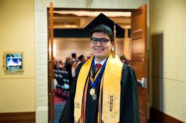 Luis Basurto, 23, travelled from his new job in Washington, D.C., to be one of 502 summer 2016 UTRGV graduates who were able to walk in the university’s fall 2016 commencement ceremonies. (UTRGV Photo by Paul Chouy)