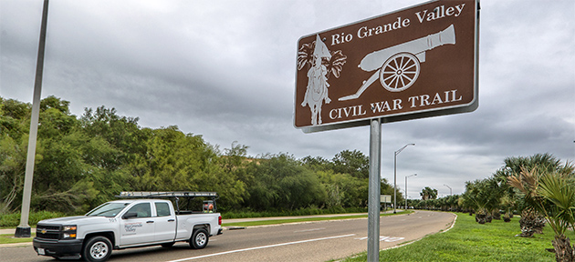 This RGV Civil War Trail sign is located on West University Drive in Brownsville, shown heading east. Cameron County has the most sites of the five counties highlighted on the historic trail which depicts the Valley’s rich history in telling the story of the American Civil War. (Courtesy Photo)