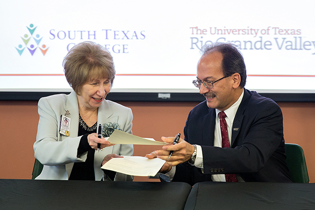Dr. Anahid Petrosian, STC interim vice president for Academic Affairs, and Dr. Havidán Rodríguez, UTRGV provost and executive vice president for Academic Affairs, signed 26 articulation agreements at a ceremony held at STC