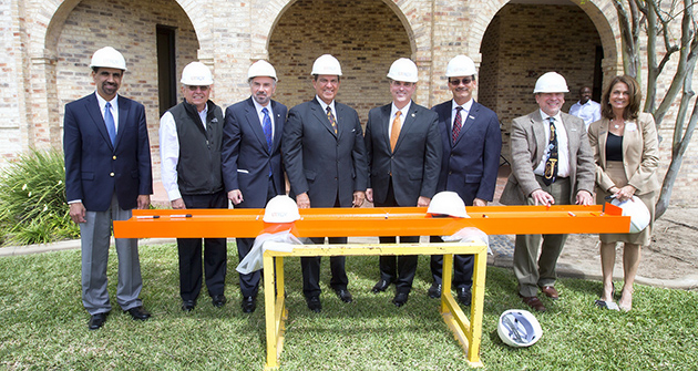The UTRGV Brownsville Campus on Tuesday, March 22, held Can You Dig It? to celebrate the launch of construction on a $54 million Academic Building that will house environmental sciences, music, labs and study areas. Special guests, from left, included Dr. Parwinder Grewal, dean of the College of Sciences; Brownsville Mayor Tony Martinez; UTRGV President Guy Bailey; Texas Sen. Eddie Lucio Jr.; UT Regent Ernest Aliseda; UTRGV Provost Havidán RodrÃguez; Dr. Steven Block, dean of the College of Fine Arts, and Dr. Janna Arney, Chief of Staff and vice president for operations. (UTRGV Photo by David Pike)