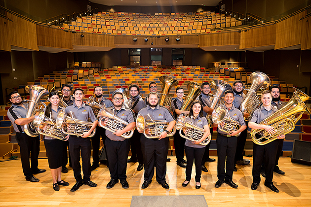 The UTRGV Tuba/Euphonium Ensemble has traveled extensively and now will go to Washington, D.C., to perform on Feb. 2 at the annual U.S. Army Band Tuba Euphonium Workshop. The UTRGV ensemble, made up of the 16 student musicians shown here, is the only collegiate ensemble invited to perform at the workshop. (UTRGV Photo by Paul Chouy)