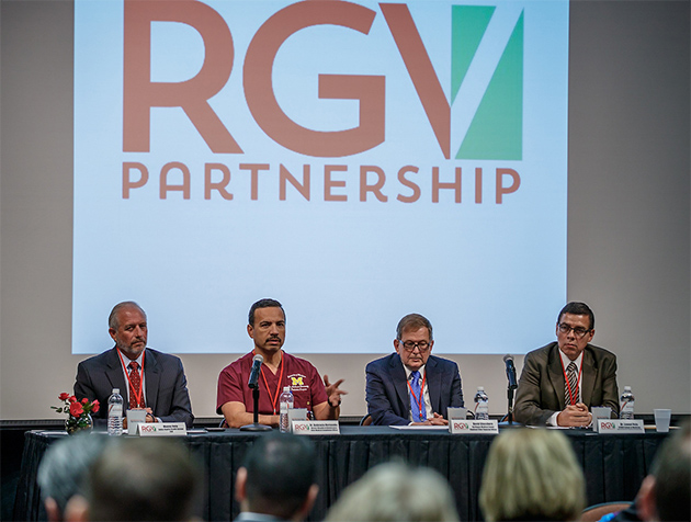 At far right, Dr. Leonel Vela, UTRGV School of Medicine senior associate dean for Education and Academic Affairs, participated in a panel discussion Jan. 26 in Harlingen, with leaders from three area hospitals and provided an update on the SOM’s progress for visiting legislators. Also on the panel are, from left, Manny Vela, CEO of Valley Baptist Hospital; Dr. Ambrosio Hernandez, director of Surgical Services at RGV Driscoll Children's Hospital, chief medical compliance officer for DHR, and the mayor of Pharr; and David Glassburn, regional CFO of Harlingen Medical Center. The panel was organized as part of a special Legislative Tour organized by the RGV Partnership and UTRGV. (UTRGV Photo by David Pike)
