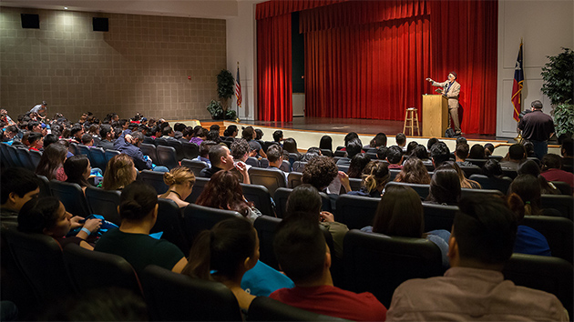 About 400 Rio Grande Valley GEAR UP students had a special opportunity on Tuesday, March 1, to attend a presentation by two-time U.S. Poet Laureate Juan Felipe Herrera, who invited them to recite his poetry along with him, and encouraged them to discover their voices and write their own stories. (UTRGV Photo by Paul Chouy)