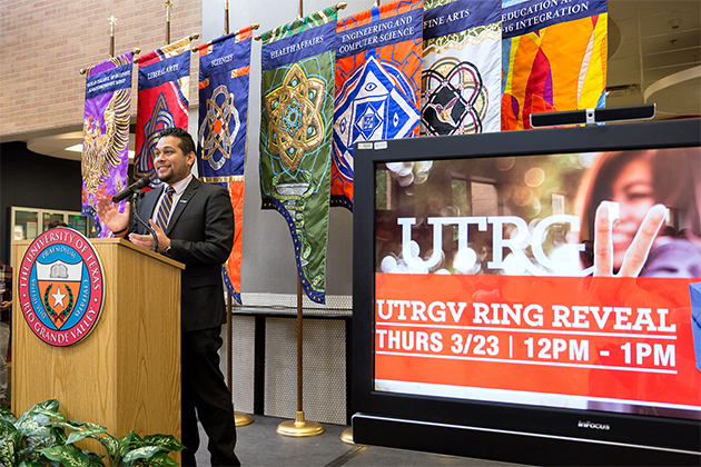 Peter Averack, vice president of the UTRGV Student Government Association, helped unveil the new UTRGV class ring on Thursday, March 23, 2017, on the Edinburg Campus. A similar unveiling ceremony was held concurrently on the Brownsville Campus, and both events were livestreamed. (UTRGV Photo by Paul Chouy)