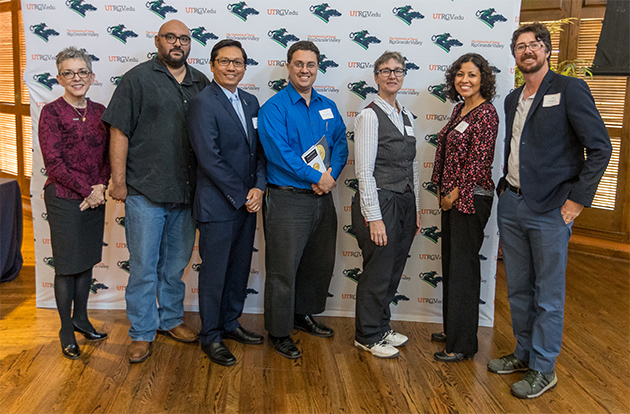 Among faculty members who published books in 2016 are, left to right, Dr. Patricia Alvarez McHatton, Dr. Christopher Carmona, Dr. Dean Kyne, Dr. Gabriel Gonzalez Nuñez, Dr. Jean Braithwaite, Dr. Emmy Pérez and Dr. Britt Haraway. Faculty were recognized for their exceptional efforts during the annual Faculty Excellence Awards ceremony on May 4, 2017, held in PlainsCapital Bank El Gran Salón. (UTRGV Photo by David Pike)