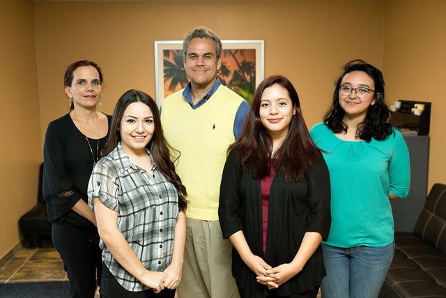 Dr. Alfonso Mercado (at center), UTRGV assistant professor of psychology, has included graduate students (from left) Julia Daccarett and Yvette Hinojosa and undergraduate students Melissa Briones and Abigail Nunez-Saenz in his research focused on improving mental healthcare for Valley residents.