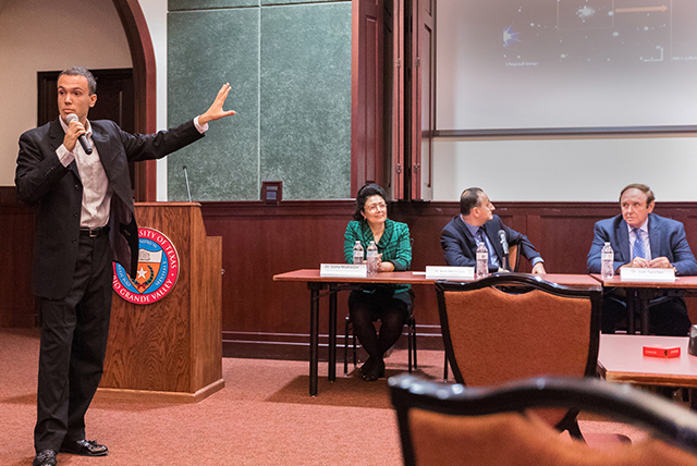 UTRGV Center for Gravitational Wave Astronomy researcher Richard Camuccio, B.Sc., explains during a press conference Monday on the Brownsville Campus about the role of CGWA scientists in the detection of a new event in which, for the first time, the collision of two neutron stars were detected both by the gravitational waves it created and by the light it emitted. (UTRGV Photo by David Pike)