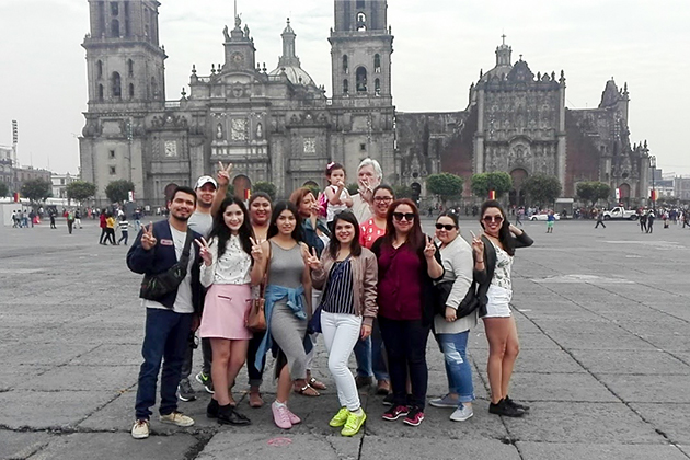 UTRGV students attending a summer study abroad communications class in Mexico City pause for a photo in front of the Catedral Metropolitana on the Zócalo, the city’s main square. The group includes (from left) Esai Torres, Luis Cavazos, Daliarlene Saenz, Vanessa Soto, Ninah Caquias, Lupita Strong, Adriana Gutierrez, Bianca Lopez, Osmara Garcia, Sarah Peña and Yvette Salinas. In the back row is Dr. William Strong, UTRGV communications professor who conducted the class, holding his daughter, Scarlett. (Courtesy Photo)