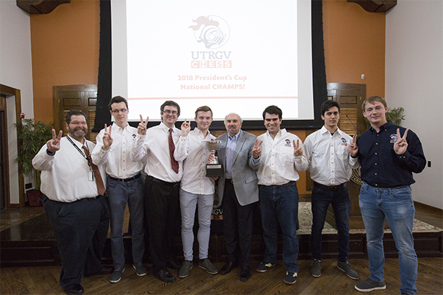 Pictured at center UTRGV President Guy Bailey, posing with the UTRGV Chess Team, who won the annual President’s Cup national championship, known as the Final Four of College Chess competition, at the Marshall Chess Club in New York City on April 1. The university celebrated the first ever national championship win for the Chess Team on Friday, April 6, at the Brownsville Campus. The celebration will continue with the Chess Team on the Edinburg Campus at noon on Monday, April 9, at the Visitors Center. (UTRGV Photo by Veronica Gaona)