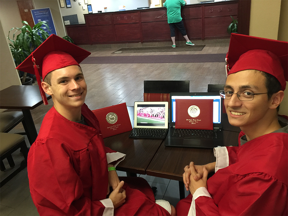 Ryan Arnold and Nathaniel Bauer, both Harlingen High School graduating seniors, had to miss their high school graduation. But while they were at the University of Massachusetts Dartmouth for the International Sea Perch Competition, they were presented their diplomas while watching a live feed of the graduation ceremony. (UTRGV Courtesy Photo)