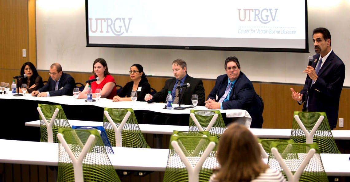 The University of Texas Rio Grande Valley has established the multi-disciplinary UTRGV Center for Vector-Borne Disease (CVBD), a collaborative effort to develop a self-sustaining, research-focused center in South Texas that will study diseases like Zika, chikungunya and dengue. On April 9, the university hosted a panel event on the Edinburg Campus to formally announce and launch the center. Founding members of the CVBD are (from left) Dr. Teresa Feria Arroyo, Dr. Tamer Oraby, Dr. Erin Schuenzel, Dr. Beatriz Tapia, Dr. John M. Thomas II and Dr. Christopher J. Vitek. Speaking is Dr, Parwinder Grewal, UTRGV executive vice president of Research and Graduate Studies and former dean of the UTRGV College of Sciences. (UTRGV Photo by Silver Salas)