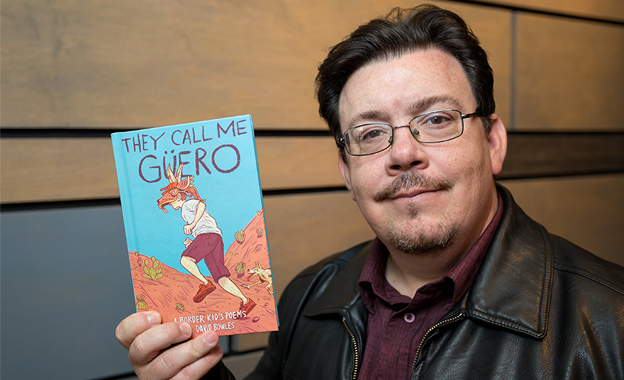 Dr. David Bowles, an associate professor in the UTRGV Department of Literatures and Cultural Studies, grew up in the Rio Grande Valley with the nickname “Güero,” granted from his father’s Mexican-American heritage. Now, he bestows it on the protagonist of his newest book, ‘They Call Me Güero,’ a novel in verse filled with slice-of-life poems illustrating life as a border kid. The book recently earned a 2019 Tomas Rivera Book Award, as well as the 2019 Walter Dean Myers Awards for Outstanding Children’s Literature. It has been named a Pura Belpré Author Honor Book and made the School Library Journal 2018 Best Books List Honor, Middle Grade. It was named a National Council of Teachers of English Notable Verse Novel for Children 3-13, and an ALSC Notable Children's Book, 2019, and was named a Shelf Awareness 2018 Best Children’s and Teen Books of the Year, Middle Grade. (UTRGV Photo by Paul Chouy)